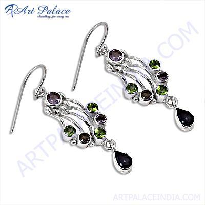 Fabulous Amethyst, Peridot & Purple Glass Gemstone Sterling Silver Earrings