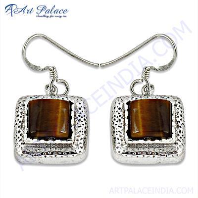 Victorian Designer Gemstone Silver Earrings With Tiger Eye