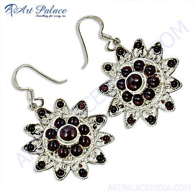 Ethnic Designer Garnet Gemstone Silver Earrings