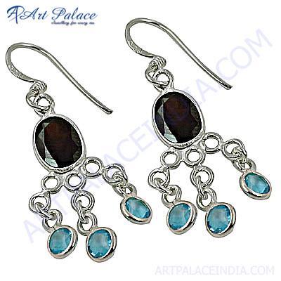 Feminine Unique Blue Topaz & Garnet Gemstone Silver Earrings