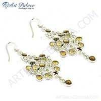 Party Wear Designer Citrine Gemstone Silver Earrings - 925 Sterling Silver, 4x4mm Round Citrine, 6.5g Gross Weight | Gemstone, Sterling Silver, Earrings