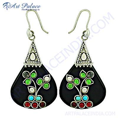 Ethnic Designer Multi Stone Silver Earrings