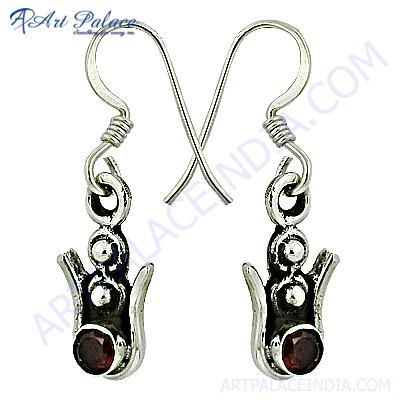 Indian Deisgner Gemstone Silver Earrings With Garnet