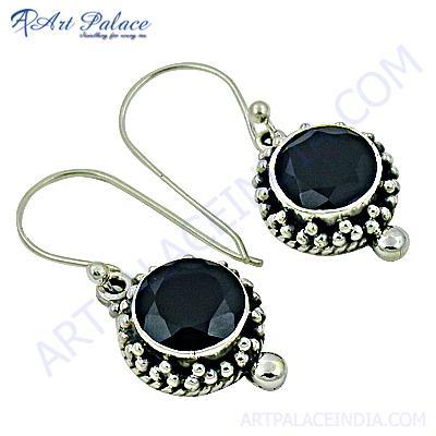 Ethnic Designer Gun Metal Gemstone Silver Earrings