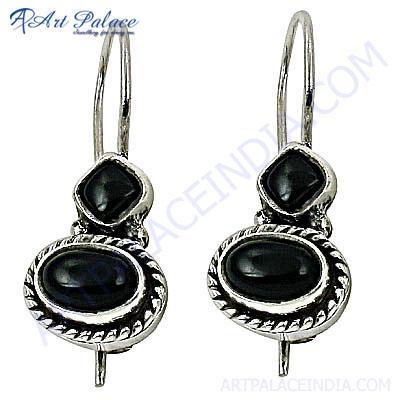 Traditional Designer Black Onyx Gemstone Silver Earrings