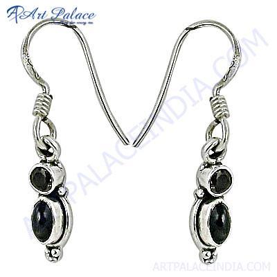 Indian Traditional Black Onyx & Smokey Quartz Gemstone Silver Earrings