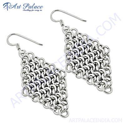 Fashionable Fret Work Plain Silver Earrings