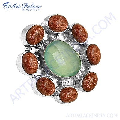 Fastival Wear Aqua Calchydony & Synthetic Brown Sandstone German Silver Rings By ART PALACE