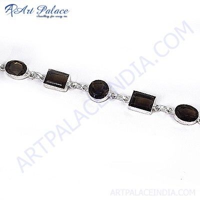 Feminine Unique Design Smokey Quartz Gemstone German Silver Bracelet