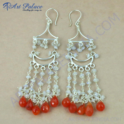 Various Styles Carnelian & Rainbow Moonstone Silver Earrings, 925 Sterling Silver Beaded Jewelry
