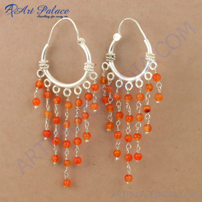 Top Quality Carnelian Gemstone Silver Beaded Bali Earrings, 925 Sterling Silver Jewelry