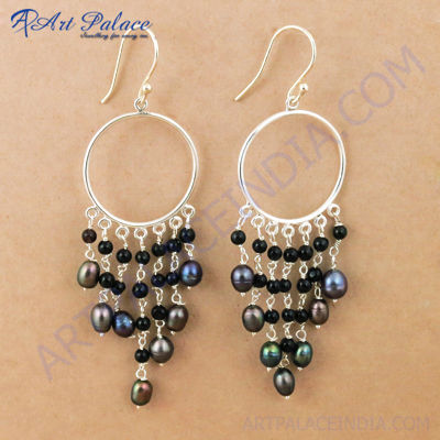 Exclusive Black Onyx & Blue Pearl Gemstone Silver Earrings, 925 Sterling Silver Jewelry