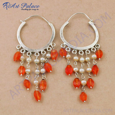 Fashionable Carnelian & Pearl Gemstone Silver Bali Beaded Earrings, 925 Sterling Silver Jewelry