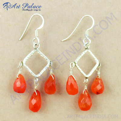 Famous Designer  Carnelian Gemstone Silver Earrings, 925 Sterling Silver Beaded Jewelry