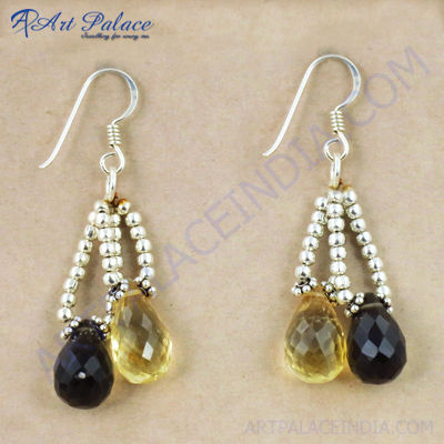 Hot! Dazzling Citrine & Smokey Quartz  Gemstone Silver Earrings, 925 Sterling Silver Beaded Jewelry