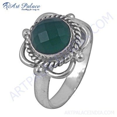 Luxury Style Green Onyx Gemstone German Silver Rings