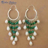 Fabulous Pearl & Terquoise Gemstone Silver Earrings, 925 Sterling Bali Beaded Silver Jewelry