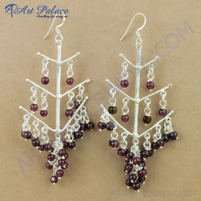 Party Wear Designer Garnet Gemstone Silver Earrings, 925 Sterling Silver Jewelry