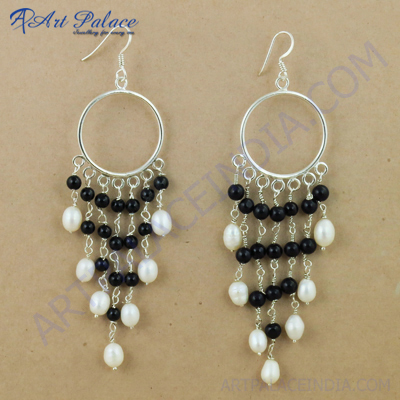 Indian Black Onyx & Pearl Silver Earrings, 925 Sterling Silver Jewelry