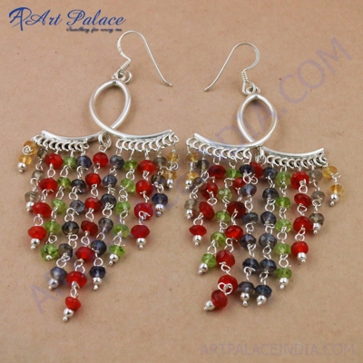 Royal Style Multi Stone Gemstone Silver Earrings, 925 Sterling Silver Jewelry