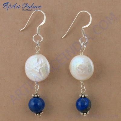 Hot! Dazzling Lapis Lazuli & Pearl Gemstone Silver Earrings, 925 Sterling Silver Beaded Jewelry