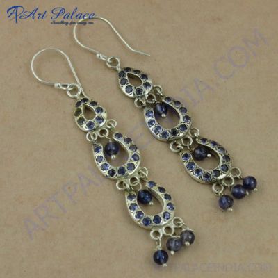 Party Wear Designer Iolite Gemstone Silver Earrings, 925 Sterling Silver Beaded Jewelry
