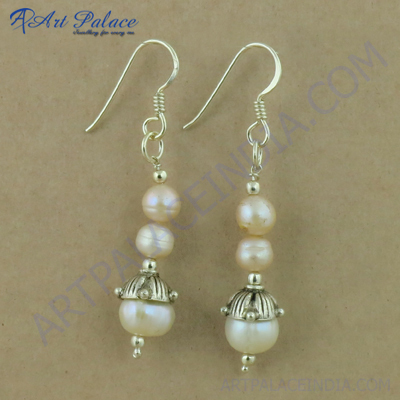 Truly Designer Pearl Gemstone Silver Earrings, 925 Sterling Silver Jewelry