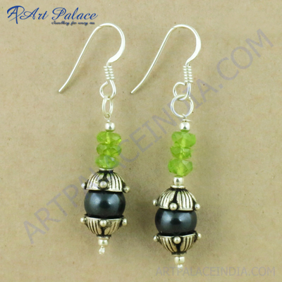 Delicate Black Pearl & Peridot  Gemstone Silver Earrings, 925 Sterling Silver Jewelry