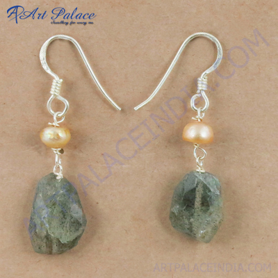 Antique Style Labradorite & Pink Pearl Gemstone Silver Earrings, 925 Sterling Silver Jewelry