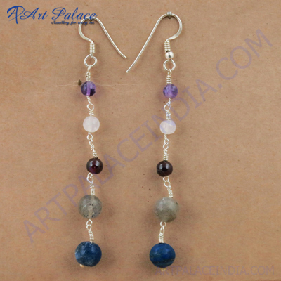 Costume Multi Stone Gemstone Silver Earrings, 925 Sterling Silver Jewelry