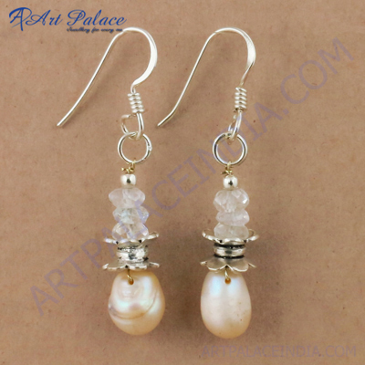 Gracious Fashionable Crystal & Pearl Silver Earrings, 925 Sterling Silver Jewelry