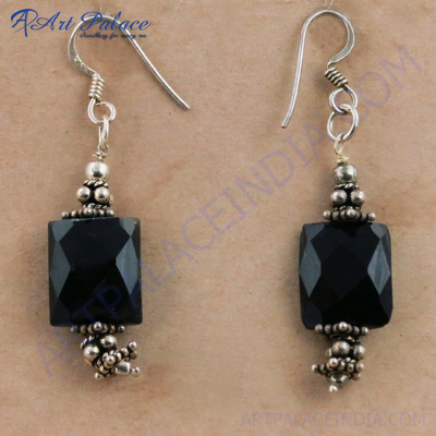 Midnight Black Onyx Gemstone Silver Earrings, 925 Sterling Silver Jewelry