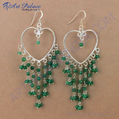 Party Wear Designer Green Aventurian Gemstone Silver Earrings, 925 Sterling Silver Jewelry