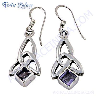 Classic Amethyst Gemstone Fret Work Silver Earrings