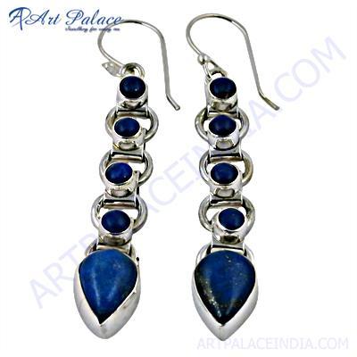 Girls Fashionable Lapis Gemstone Silver Earrings