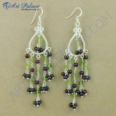 Indian Touch Garnet & Peridot Gemstone Silver Earrings, 925 Sterling Silver Jewelry