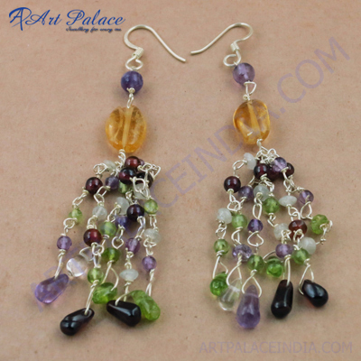 Popular Fashionable Multi Stone Gemstone Silver Earrings, 925 Sterling Silver Jewelry