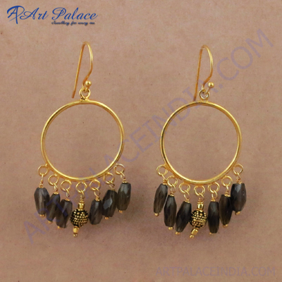 Indian Smokey Quartz Gemstone Gold Plated Silver Earrings, 925 Sterling Silver Beaded Jewelry