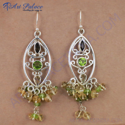 Unique Style Multi Gemstone Silver Earrings, 925 Sterling Silver Jewelry