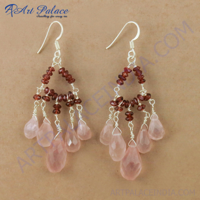 New Arrival Garnet & Rose Quartz Gemstone Silver Earrings, 925 Sterling Silver Jewelry