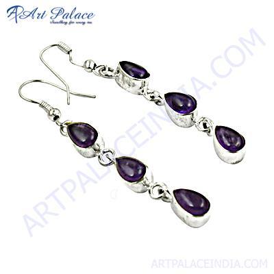 Fabulous Amethyst Glass Three Stone Sterling Silver Earrings