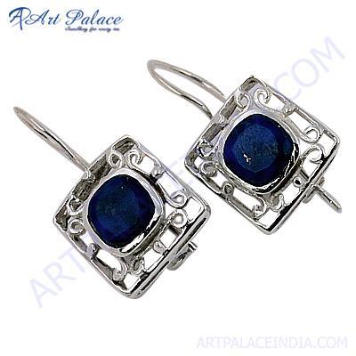 Cute Lapis Lazuli Gemstone Silver Fret Work Earrings