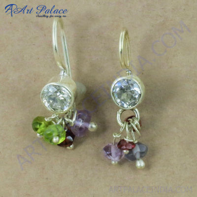 Popular Fashionable Multi Stone Gemstone Silver Earrings, 925 Sterling Silver Jewelry
