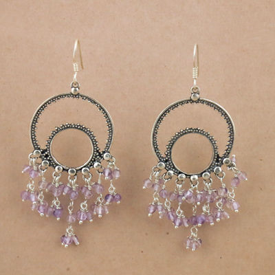 Feminine Unique Design Amethyst Gemstone Silver Beaded Earrings