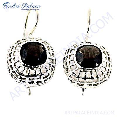 Indian Gemstone Silver Fret Work Earrings With Smokey Quartz