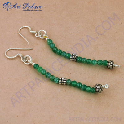 Cute Green Aventurian Gemstone Silver Earrings, 925 Sterling Silver Beaded Jewelry