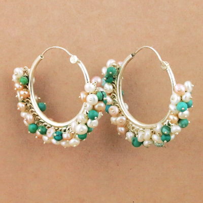 Indian Pearl & Terquoise Gemstone Hoop Silver Earrings