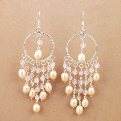 Fantastic Fashionable Pearl & Rose Quartz Silver Beaded Earrings