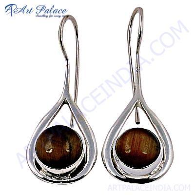 Girls Fashionable Tiger Eye Gemstone Silver Earrings