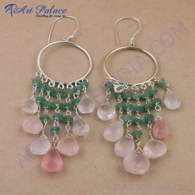 Elegant Fancy Green Aventurian & Rose QuartzGemstone Silver Earrings, 925 Sterling Silver Jewelry